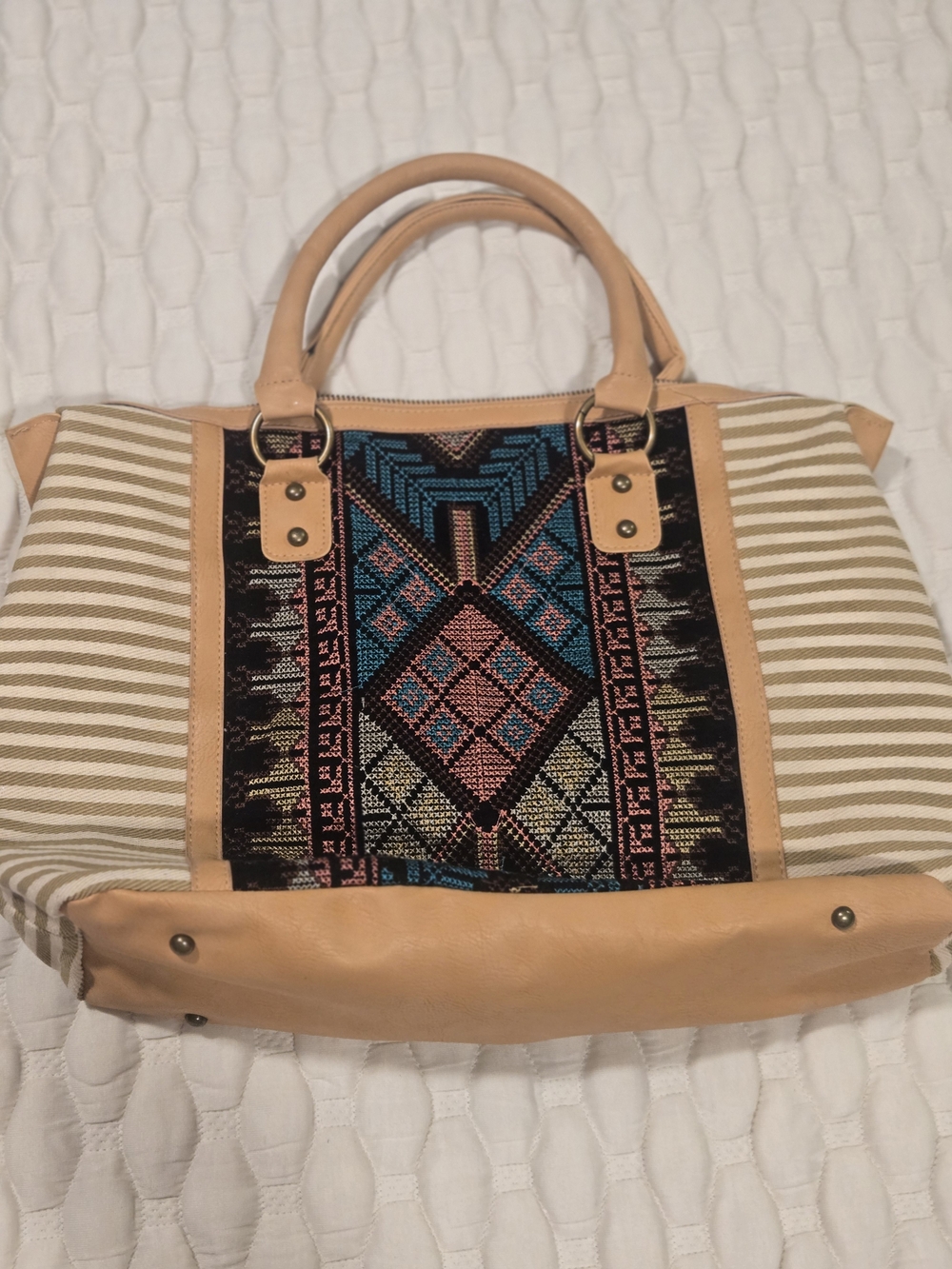 Unbranded Women's Boho Tote Purse Bag Tan Stripes Colored Print Trendy